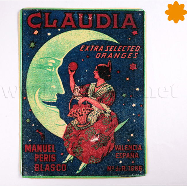 Placa metálica publicidad vintage naranjas Valencia Claudia