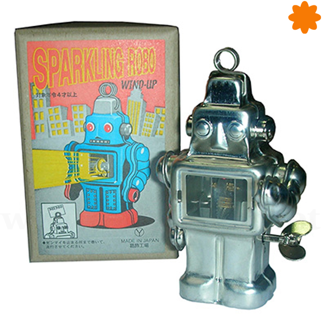 Sparkling el robot retro plateado fabricado con metal