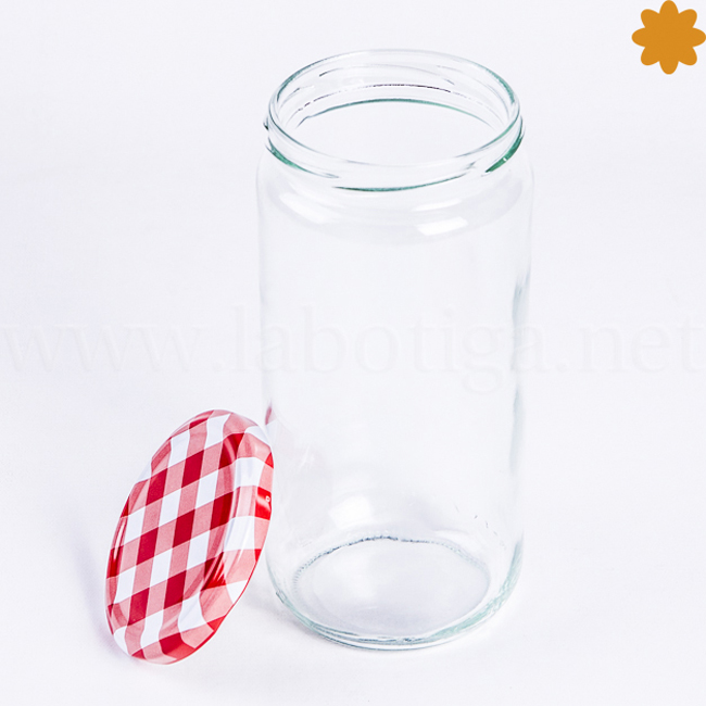 Tarro de cristal largo con tapa de rosca hermética roja y blanca