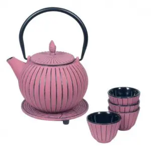Set de tetera vaso y salvamantel de hierro fundido color rosa