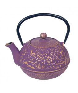 Tetera de hierro colado estilo japonés violeta y dorada